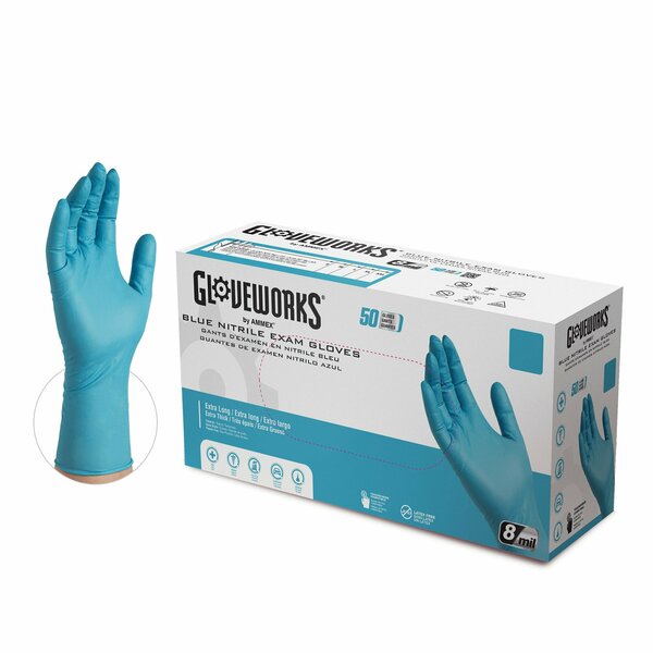 Gloveworks Nitrile Exam Gloves, 7 mil Palm, Nitrile, Powder-Free, L, 500 PK, Blue GPNHD66100